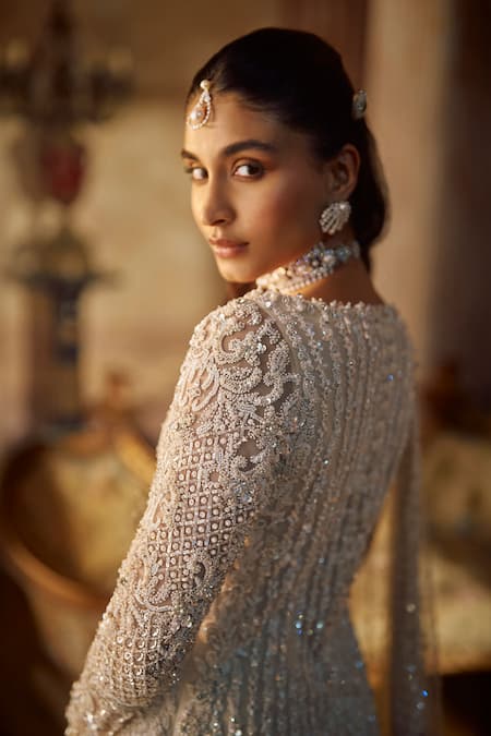 Seema Gujral_Ivory Net Embroidery, Pearls, Sequins, Crystals, Tassels Vinatge Lehenga Set _Online_at_Aza_Fashions