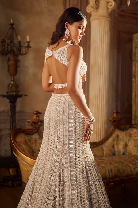 Seema Gujral Champagne Pearl Fishcut Lehenga Set 