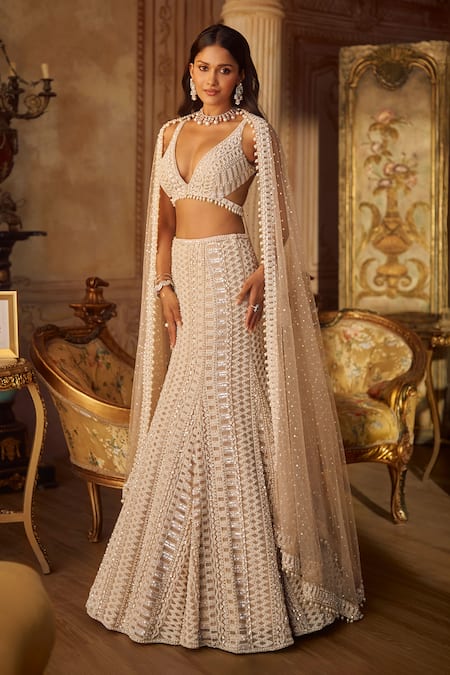 Seema Gujral Champagne Pearl Fishcut Lehenga Set 