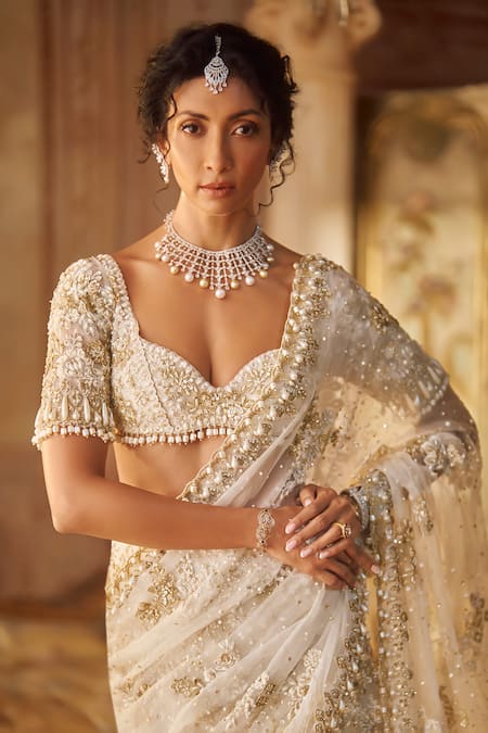 Seema Gujral Ivory Gold Lehenga Saree Set 