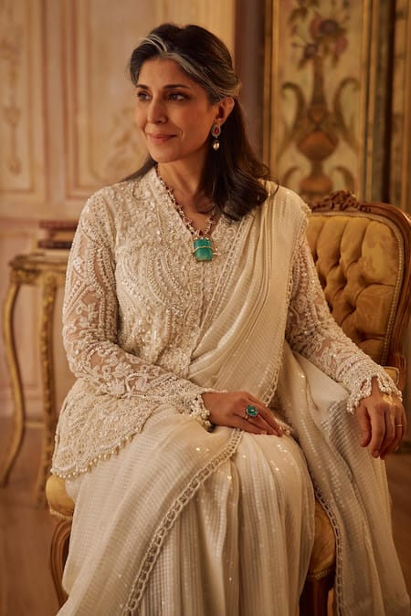 Seema Gujral Ivory Pearl Jacket Pre-Draped Saree Set 