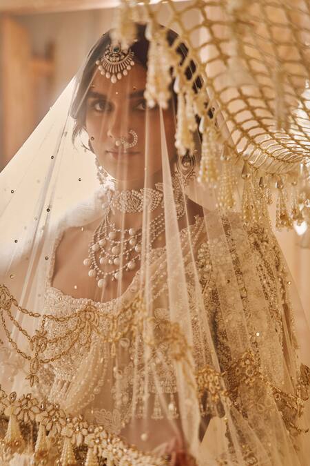 Buy_Seema Gujral_Beige Net Pearls, Tassels, Crystals Sweetheart Neck Embroidered Lehenga Set 