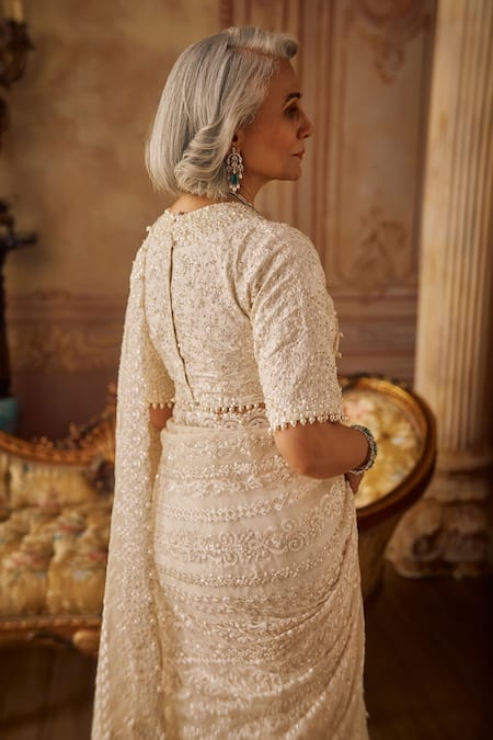 Seema Gujral Ivory Organza Stripe Saree With Blouse 