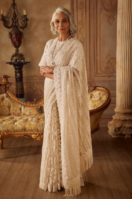 Seema Gujral Ivory Organza Stripe Saree With Blouse 