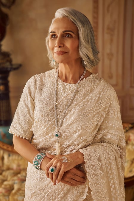 Seema Gujral_Ivory Organza, Silk Pearls, Sequins, Embroidery Round Stripe Saree With Blouse _Online_at_Aza_Fashions