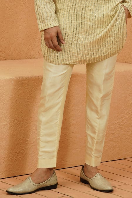 Sva By Sonam & Paras Modi_Ivory Silk Chanderi Stripe Embellished Kurta Set_Online_at_Aza_Fashions