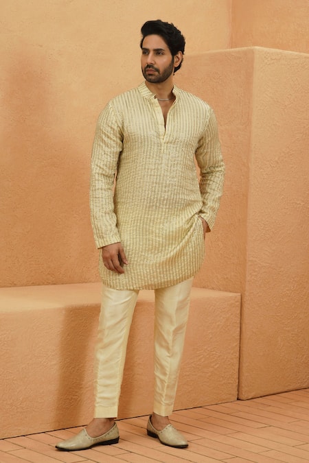 Sva By Sonam & Paras Modi Ivory Silk Chanderi Stripe Embellished Kurta Set 