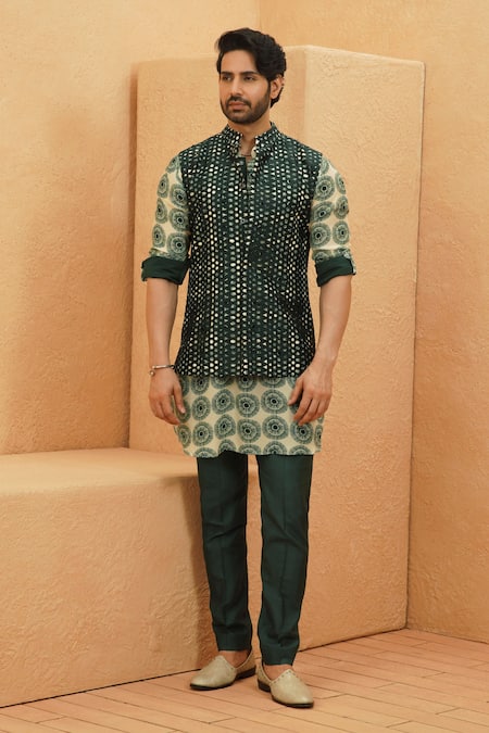 Sva By Sonam & Paras Modi Emerald Green Silk, Crepe Cutwork Bundi