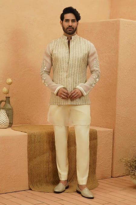 Sva By Sonam & Paras Modi Embellished Beige Rawsilk Bundi 