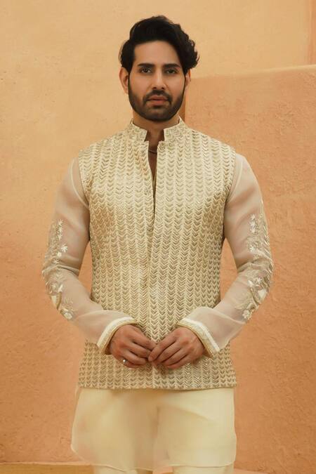 Sva By Sonam & Paras Modi_Ivory Embroidery Embellished Beige Rawsilk Bundi_Online_at_Aza_Fashions