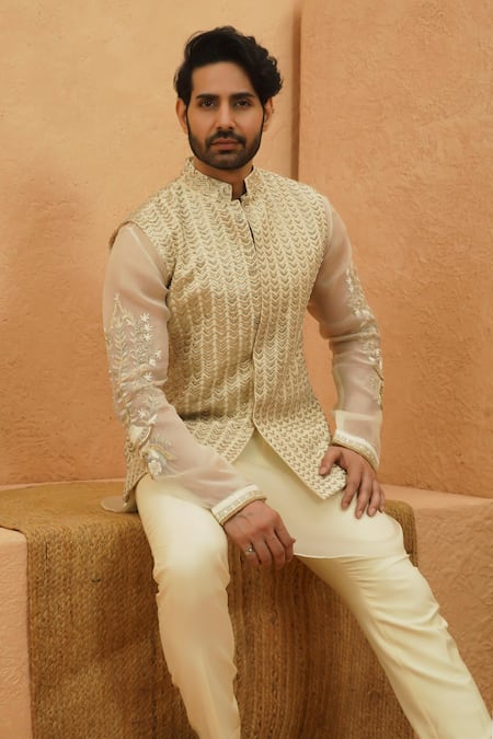Sva By Sonam & Paras Modi Embellished Beige Rawsilk Bundi 