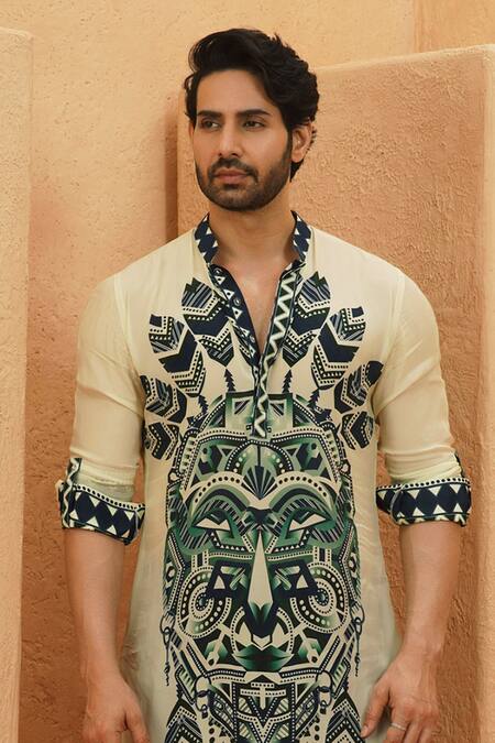 Sva By Sonam & Paras Modi_Ivory Crepe Embroidery Designer Kurta With Rolled Up Sleeves_Online_at_Aza_Fashions