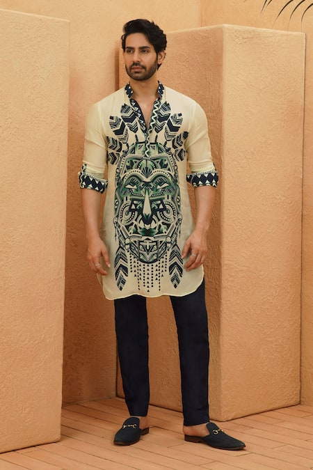 Sva By Sonam & Paras Modi Ivory Crepe Embroidery Designer Kurta With Rolled Up Sleeves
