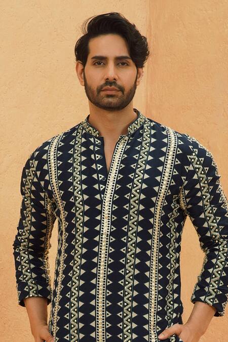Buy_Sva By Sonam & Paras Modi_Navy Crepe Kairo Printed Kurta Set_Online_at_Aza_Fashions