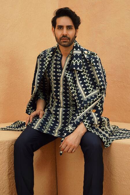 Sva By Sonam & Paras Modi_Navy Crepe Midnight Blue Samah Trench Coat_Online_at_Aza_Fashions