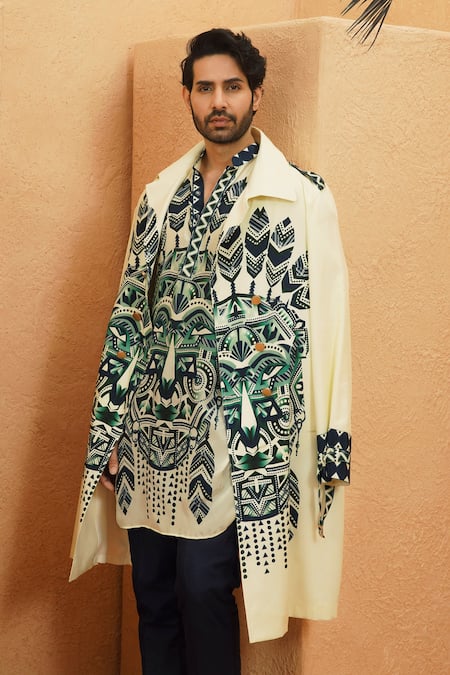 Sva By Sonam & Paras Modi_Ivory Crepe Embroidery Designer Trench Coat_Online_at_Aza_Fashions