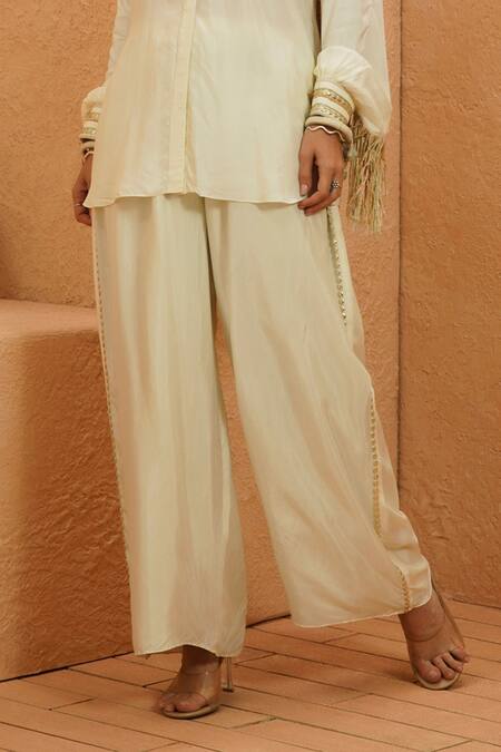 Sva By Sonam & Paras Modi_Ivory Silk Tassels Collared Top And Pant Co-ord Set_Online_at_Aza_Fashions