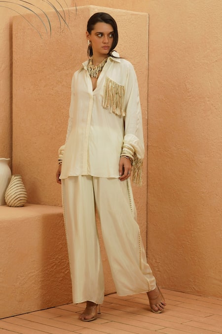 Sva By Sonam & Paras Modi Ivory Silk Tassels Collared Top And Pant Co-ord Set