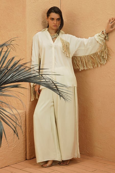 Buy_Sva By Sonam & Paras Modi_Ivory Silk Tassels Collared Top And Pant Co-ord Set_Online_at_Aza_Fashions