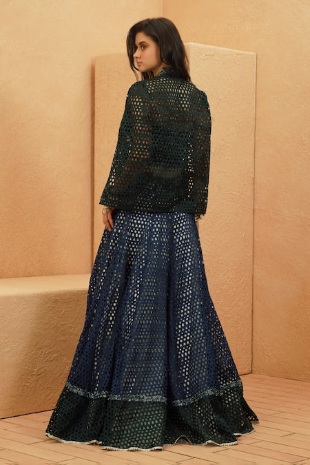 Sva By Sonam & Paras Modi Midnight Blue Cutwork Cape Jacket & Lehenga Set 