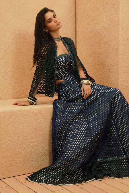 Buy Sva By Sonam & Paras Modi Blue Silk Cut Work Sweetheart Neck, Open Midnight Cape Jacket And Lehenga Set Online at Aza Fashions Buy_Sva By Sonam & Paras Modi_Blue Silk Cut Work Sweetheart Neck, Open Midnight Cape Jacket And Lehenga Set_Online_at_Aza_Fashions