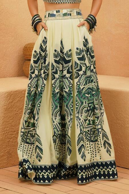 Buy_Sva By Sonam & Paras Modi_Silver Crepe Sequins Sweetheart Neck Pleated Lehenga With Metallic Bustier_Online_at_Aza_Fashions