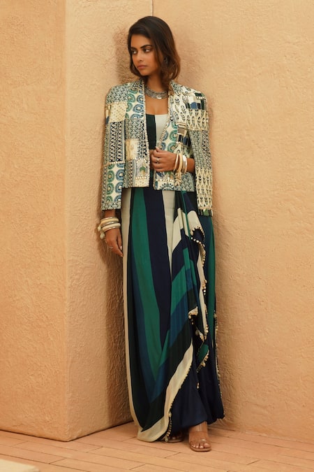 Sva By Sonam & Paras Modi Multi Color Crepe Embroidery Open Neck Embellished Cape Jacket 