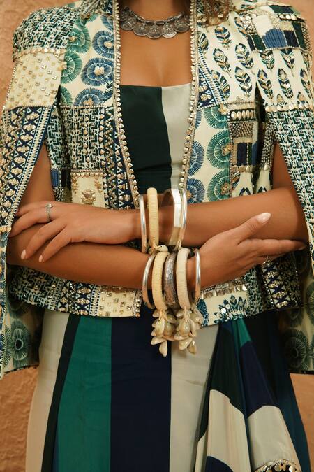 Buy_Sva By Sonam & Paras Modi_Multi Color Crepe Embroidery Open Neck Embellished Cape Jacket_Online_at_Aza_Fashions