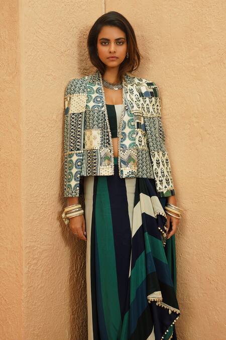 Shop_Sva By Sonam & Paras Modi_Multi Color Crepe Embroidery Open Neck Embellished Cape Jacket_Online_at_Aza_Fashions