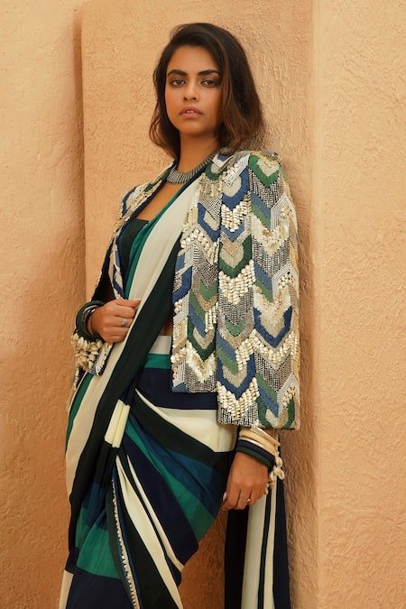 Sva By Sonam & Paras Modi_Blue Crepe Sequins, Beads Collared Embellished Cape Jacket_Online_at_Aza_Fashions