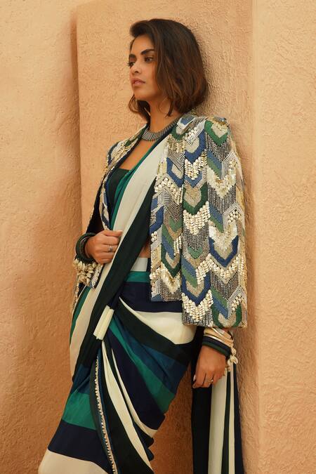 Buy_Sva By Sonam & Paras Modi_Blue Crepe Sequins, Beads Collared Embellished Cape Jacket_Online_at_Aza_Fashions