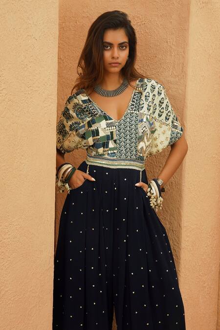 Sva By Sonam & Paras Modi_Blue Crepe V-neck Midnight Patchwork Jumpsuit_Online_at_Aza_Fashions