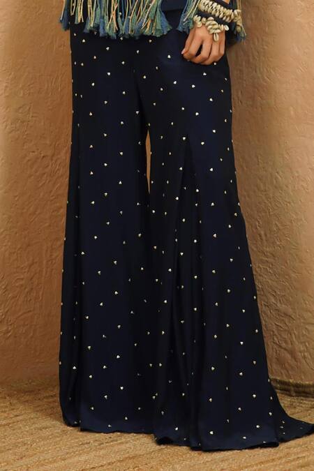 Sva By Sonam & Paras Modi_Blue Crepe Fringe, Embroidery Round Neck Midnight Jacket And Pant Set_Online_at_Aza_Fashions