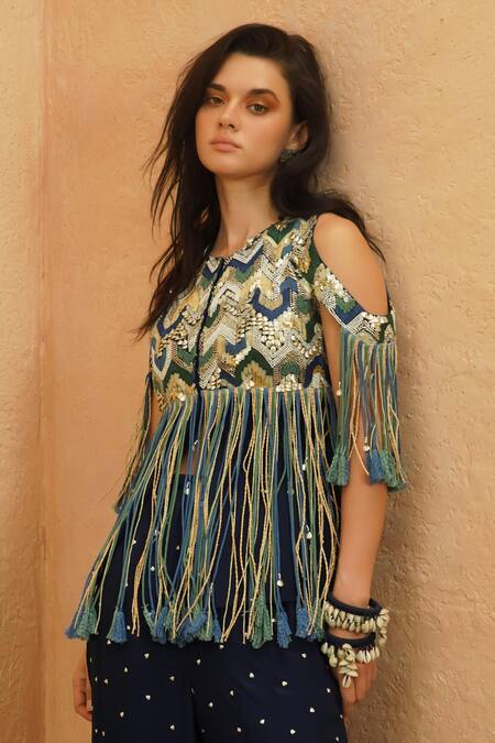 Shop_Sva By Sonam & Paras Modi_Blue Crepe Fringe, Embroidery Round Neck Midnight Jacket And Pant Set_Online_at_Aza_Fashions