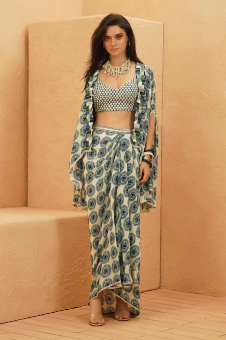 Sva By Sonam & Paras Modi Blue Crepe Sweetheart , Open Zayna Cape With Metallic Bustier And Skirt