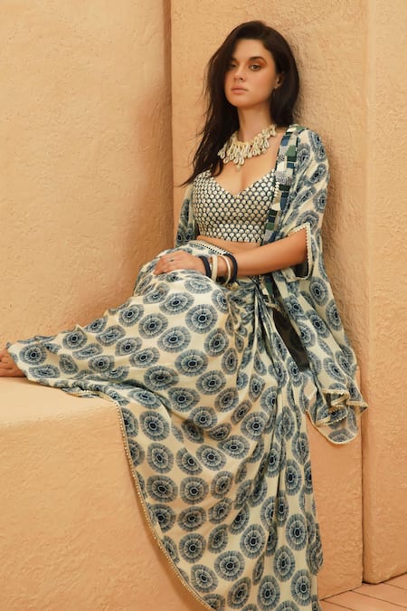 Sva By Sonam & Paras Modi_Blue Crepe Sweetheart , Open Zayna Cape With Metallic Bustier And Skirt_at_Aza_Fashions