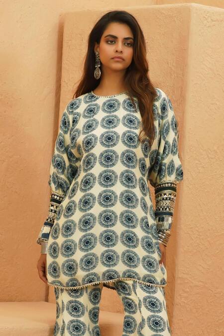 Sva By Sonam & Paras Modi_Blue Crepe Embroidery Round Neck Midnight Printed Kurta And Sharara Set_Online_at_Aza_Fashions