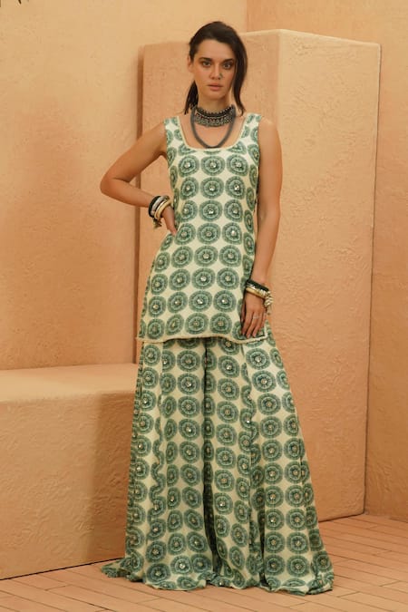 Sva By Sonam & Paras Modi Emerald Green Crepe Beads Square Neck Kurta And Sharara Set