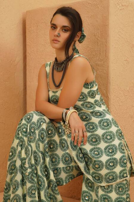 Sva By Sonam & Paras Modi_Emerald Green Crepe Beads Square Neck Kurta And Sharara Set_Online_at_Aza_Fashions