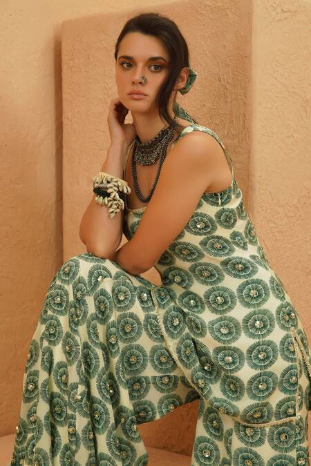 Buy_Sva By Sonam & Paras Modi_Emerald Green Crepe Beads Square Neck Kurta And Sharara Set_Online_at_Aza_Fashions