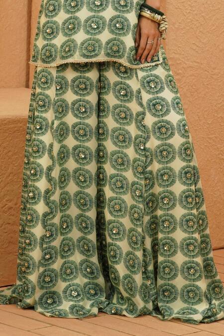 Shop_Sva By Sonam & Paras Modi_Emerald Green Crepe Beads Square Neck Kurta And Sharara Set_Online_at_Aza_Fashions