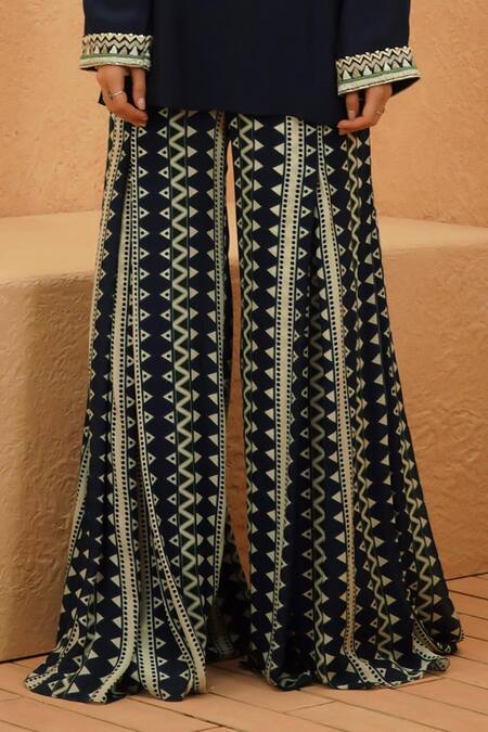 Buy_Sva By Sonam & Paras Modi_Blue Crepe Embroidery Round Neck Zahara Midnight Kurta And Flared Pant_Online_at_Aza_Fashions