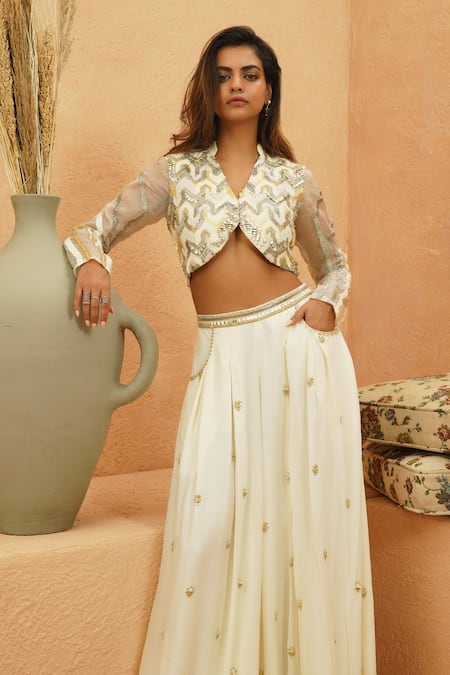 Buy_Sva By Sonam & Paras Modi_Ivory Silk Sequins, Embroidery V-neck Fariha Jacket And Flared Pant Set_Online_at_Aza_Fashions