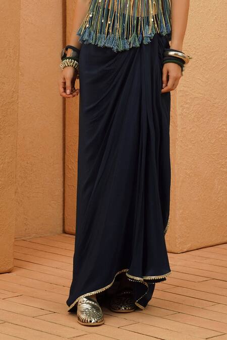 Sva By Sonam & Paras Modi_Blue Crepe Fringe V-neck Midnight Top And Drape Skirt_Online_at_Aza_Fashions