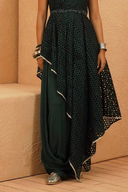 Sva By Sonam & Paras Modi_Emerald Green Silk, Georgette Cut Work One Shoulder Drape Top And Cowl Skirt_Online_at_Aza_Fashions