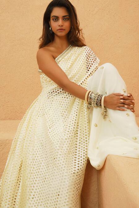 Buy_Sva By Sonam & Paras Modi_Ivory Silk Cut Work, Sequins Off-shoulder Cutwork Top And Embellished Pant Set_Online_at_Aza_Fashions