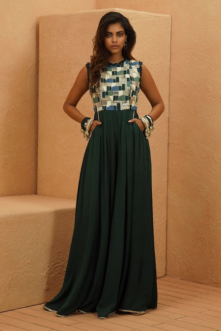 Sva By Sonam & Paras Modi Emerald Green Georgette Round Neck Noura Mosaic Jumpsuit 