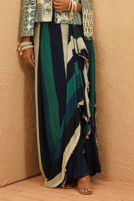 Sva By Sonam & Paras Modi_Multi Color Crepe Round , Open Printed Drape Skirt And Cape Jacket Set_Online_at_Aza_Fashions