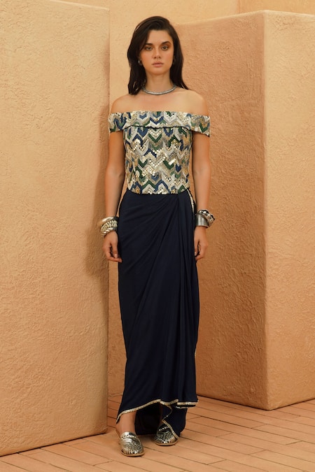 Sva By Sonam & Paras Modi Blue Crepe Sequins, Beads Off-shoulder Embellished Corset And Draped Skirt Set