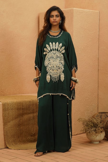 Sva By Sonam & Paras Modi Emerald Green Georgette Embroidery, Beads Round Neck Embellished Co-ord Set 